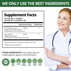 QVQ Organic oregano oil bottle label emphasizing vegan, organic formula.