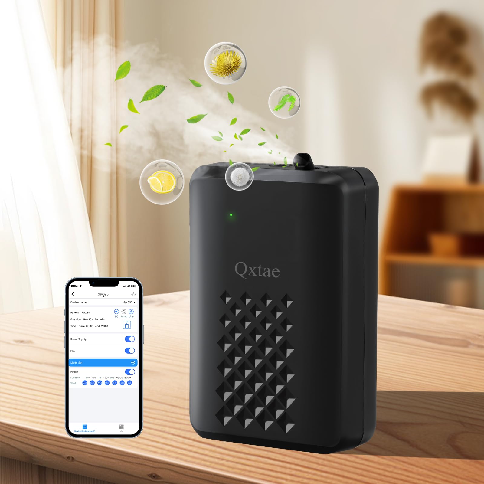 Qxtae waterless diffuser app setup showing quick Bluetooth pairing.