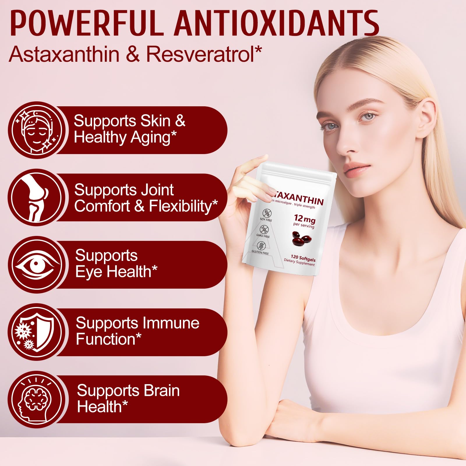 QYCOTXYR Astaxanthin softgels close-up demonstrate easy daily dosage.