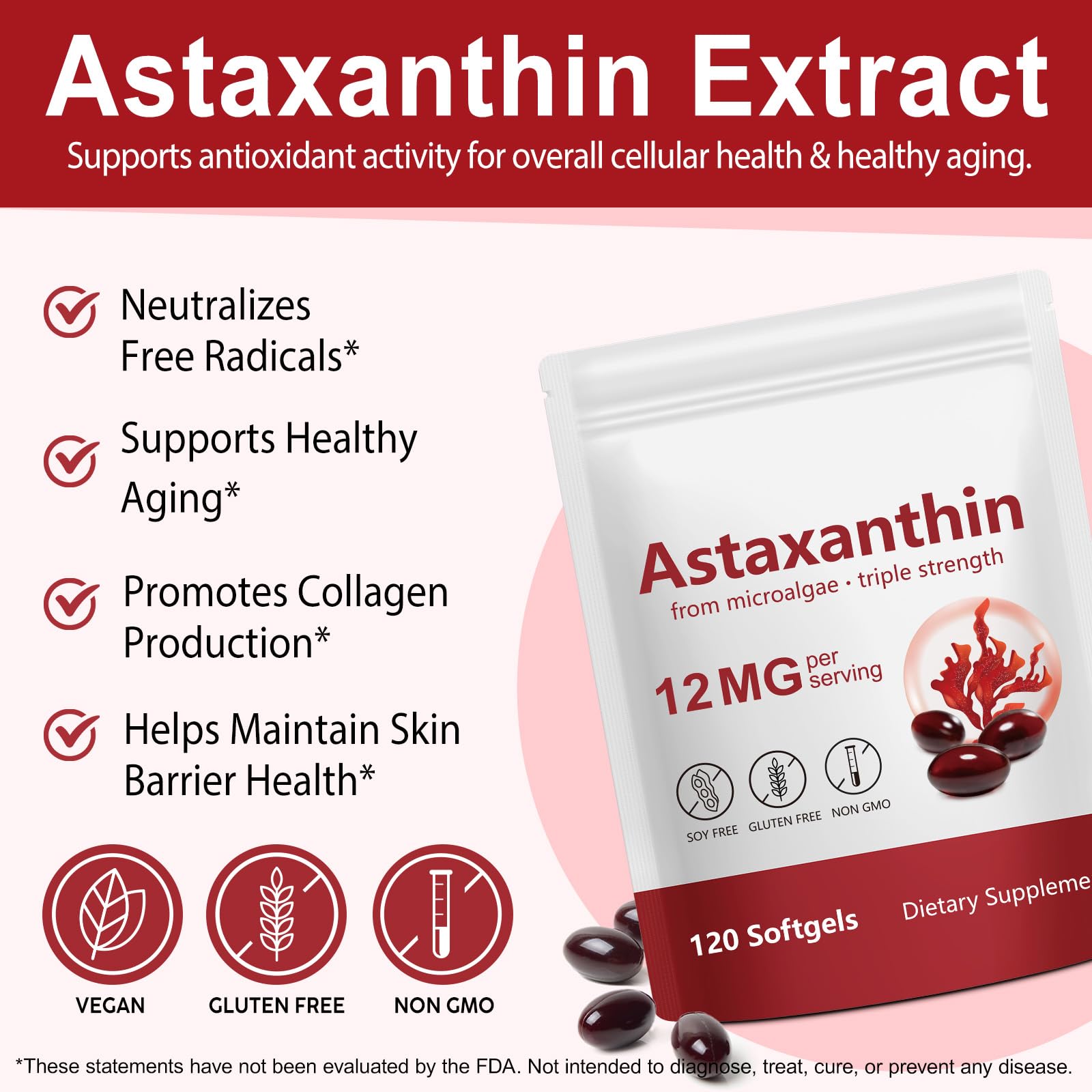 QYCOTXYR softgel bottle front showing natural astaxanthin benefits