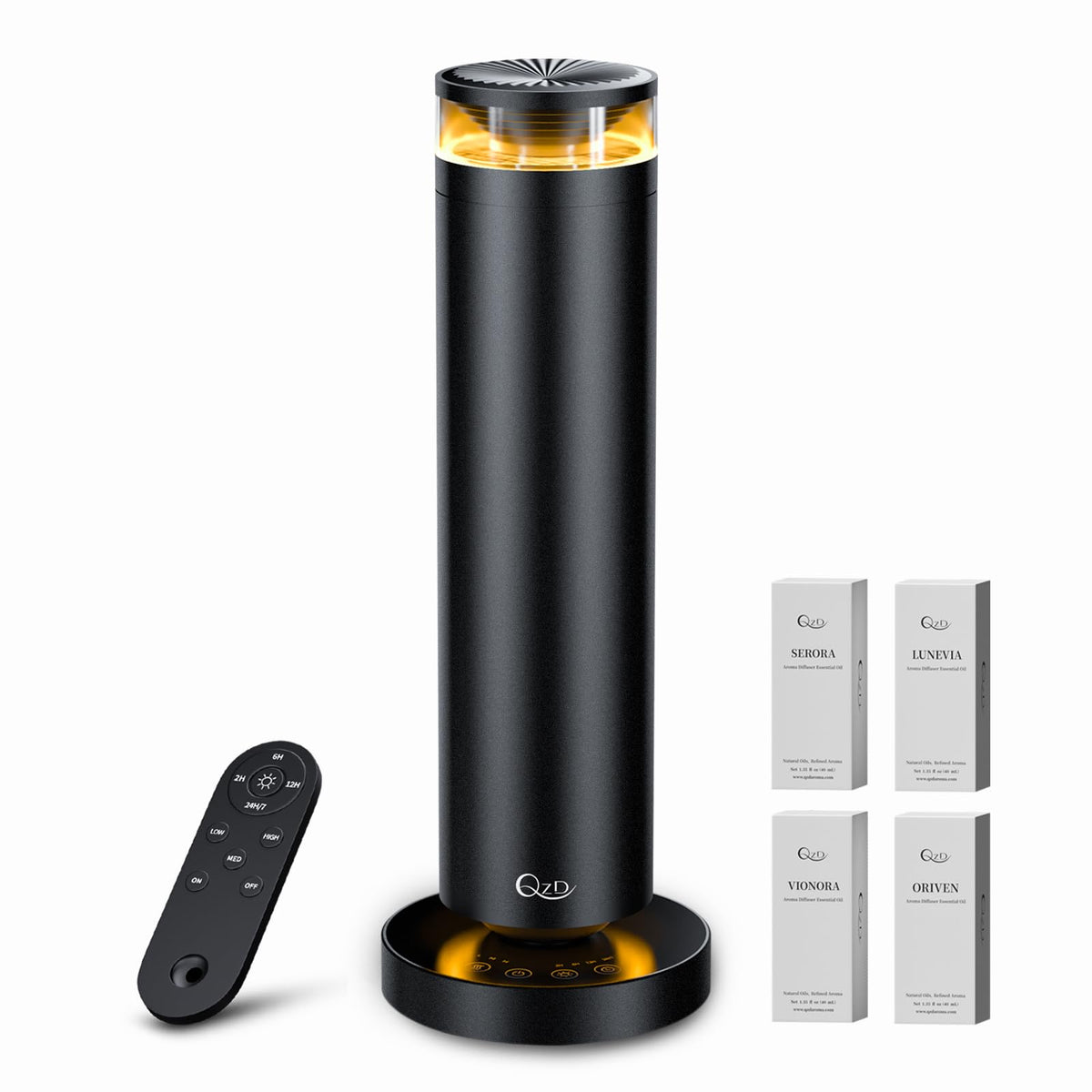 QZD A5 diffuser unit in black aluminum for a sleek home scent system.