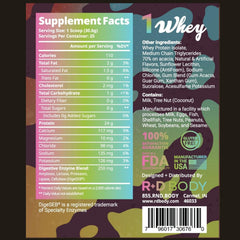 R+D Body Pure Whey Isolate label highlights Digestive Enzymes for easier digestion