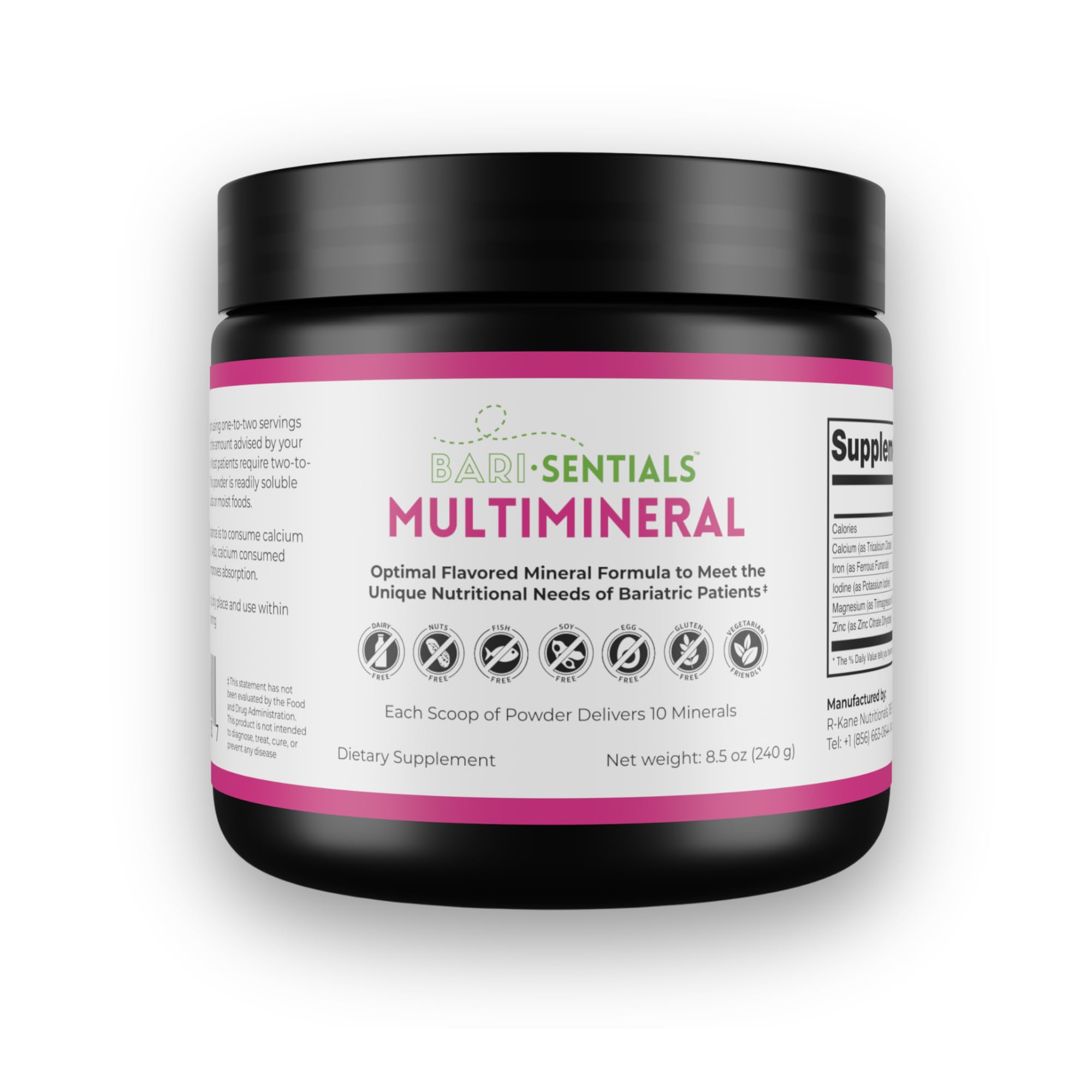 R-Kane Nutritionals Barisentials bariatric mineral powder tub supports post-surgery balance.