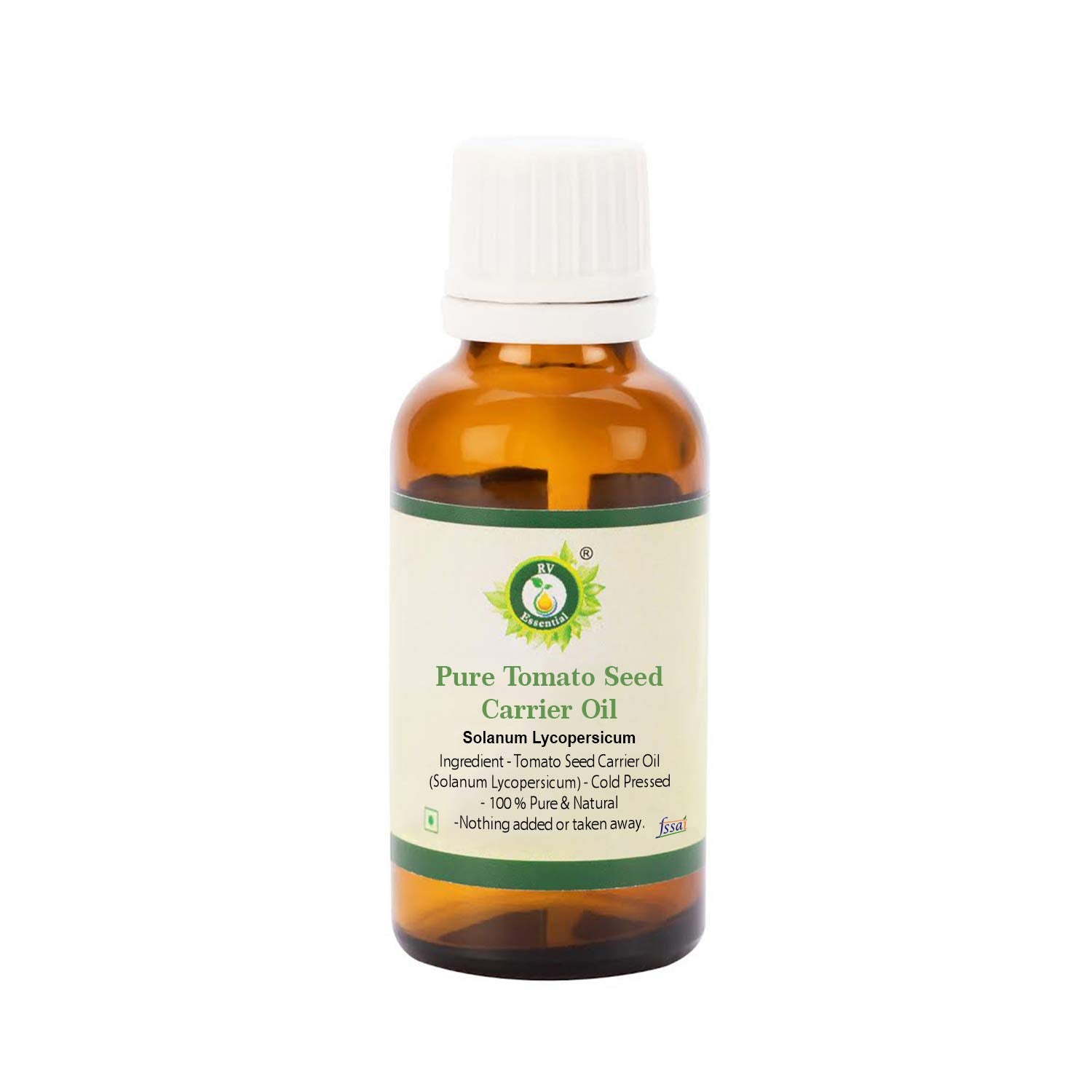 R V Essential tomato seed oil in an amber bottle for moisturized skin and gentle care.