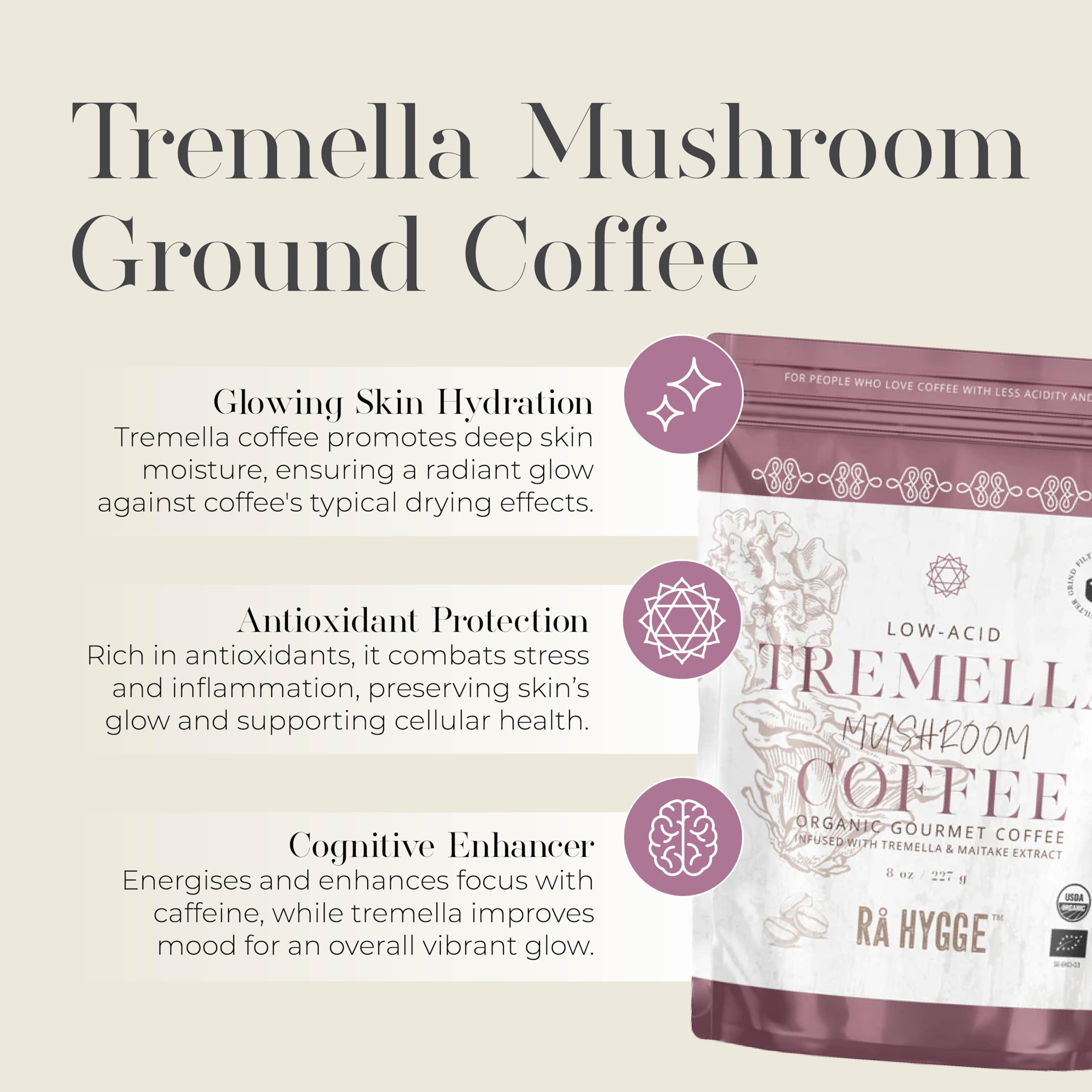 RÅ HYGGE Tremella close-up highlights mushroom infusion for balanced energy