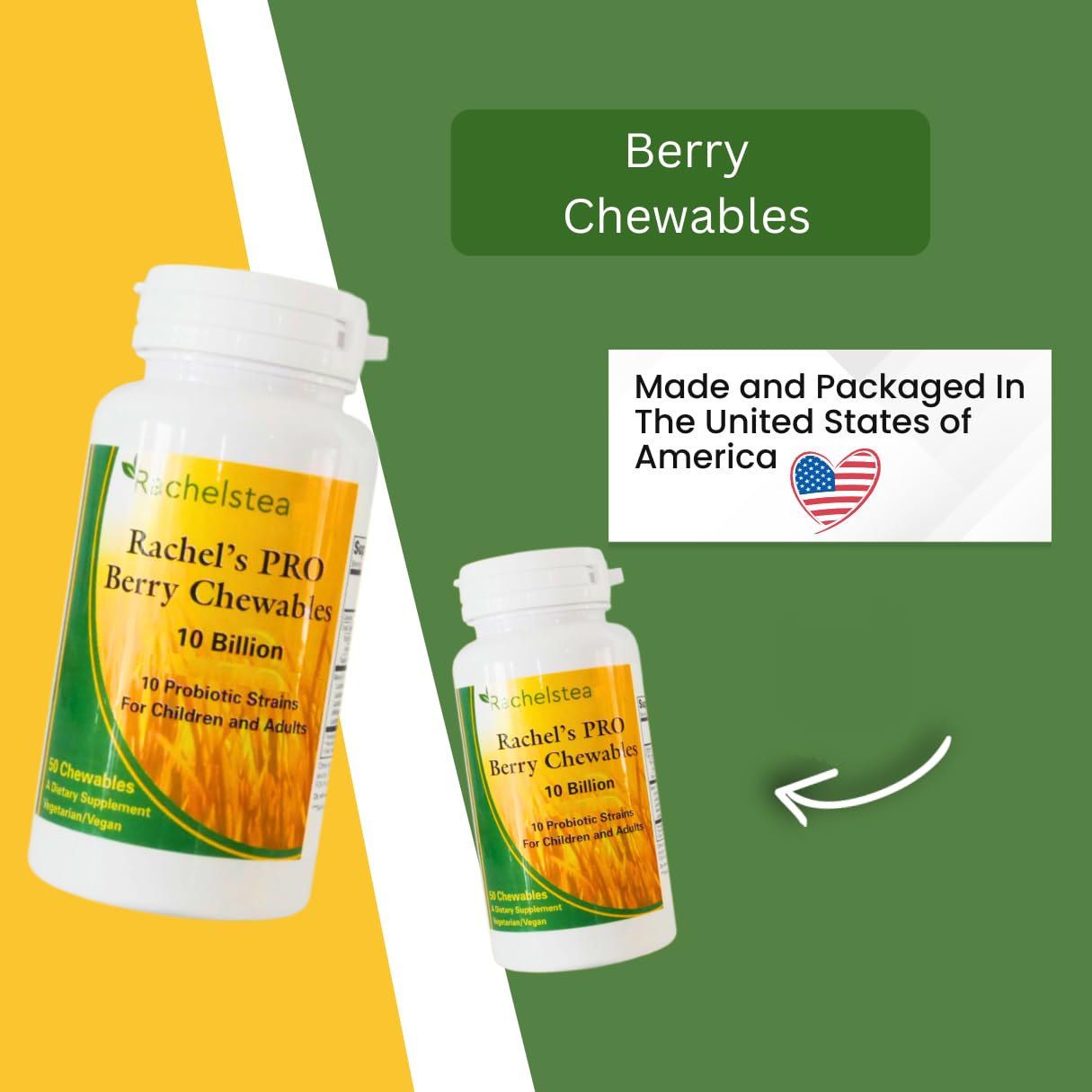 Rachelstea Pro Berry Chewables bottle back with nutrition details and 10 billion strains
