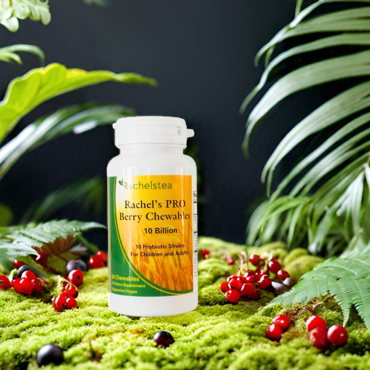 Daily-dose visual of 50 chewables per bottle from Rachelstea Pro Berry Chewables