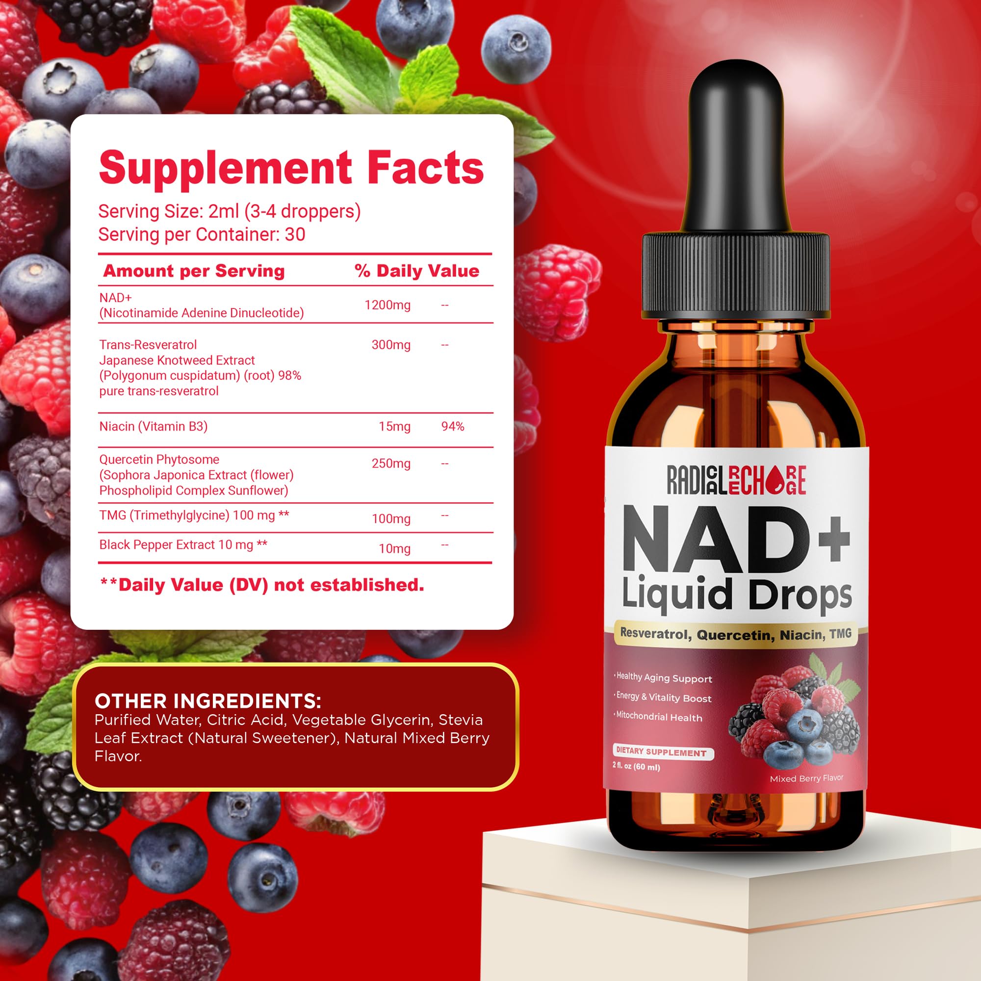 Mixed berry glass with Radical Recharge NAD+ Drops for flavor appeal