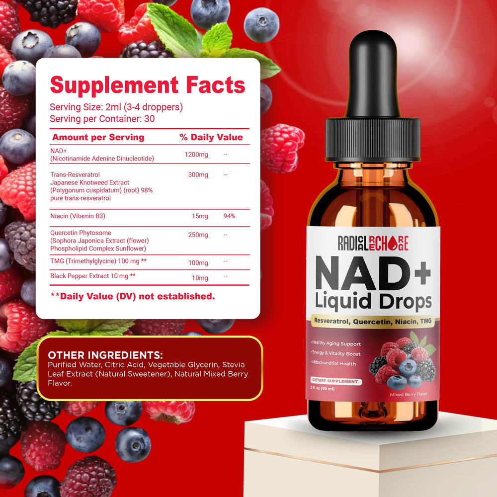 Mixed berry glass with Radical Recharge NAD+ Drops for flavor appeal
