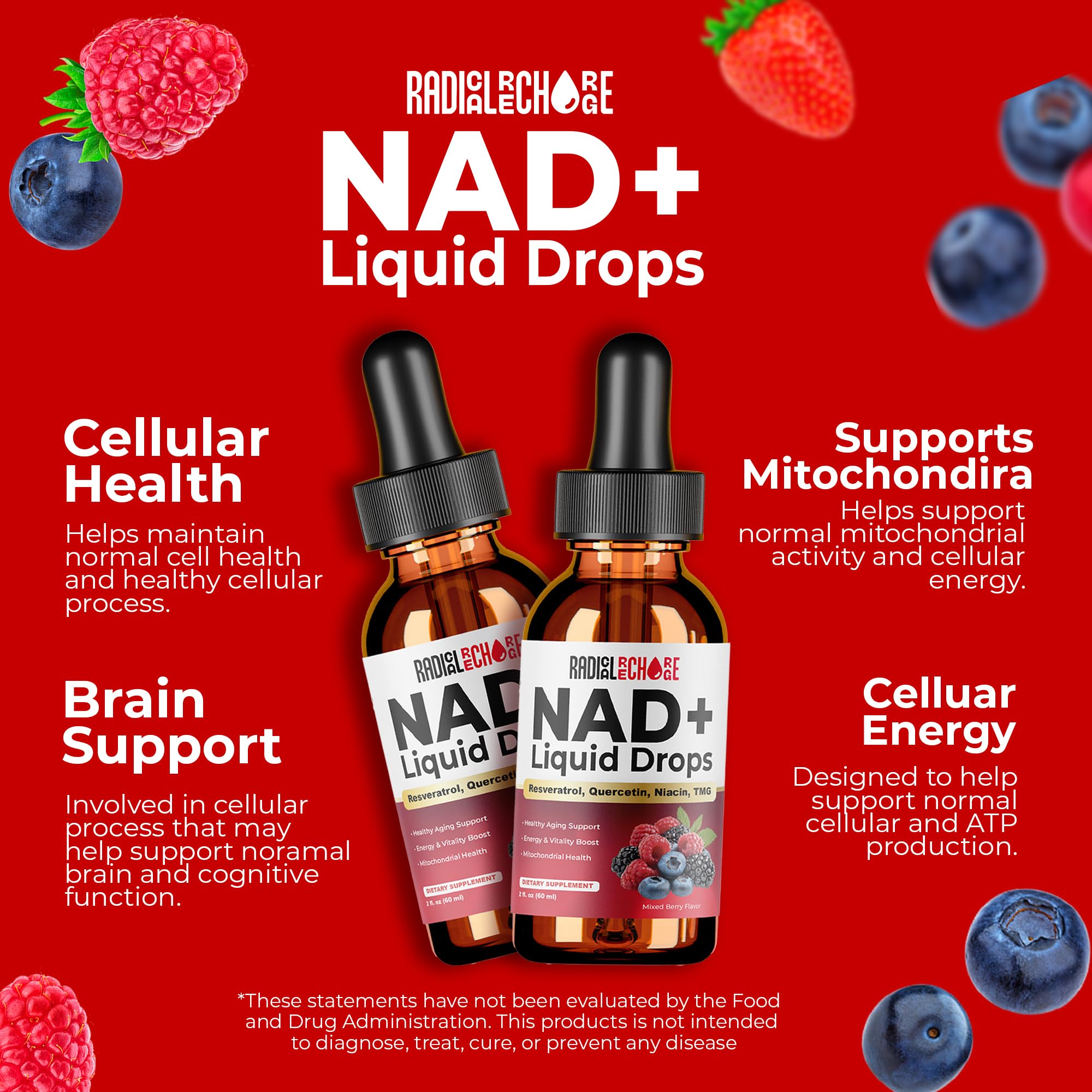 Radical Recharge NAD+ Drops on a white counter showing packaging and design