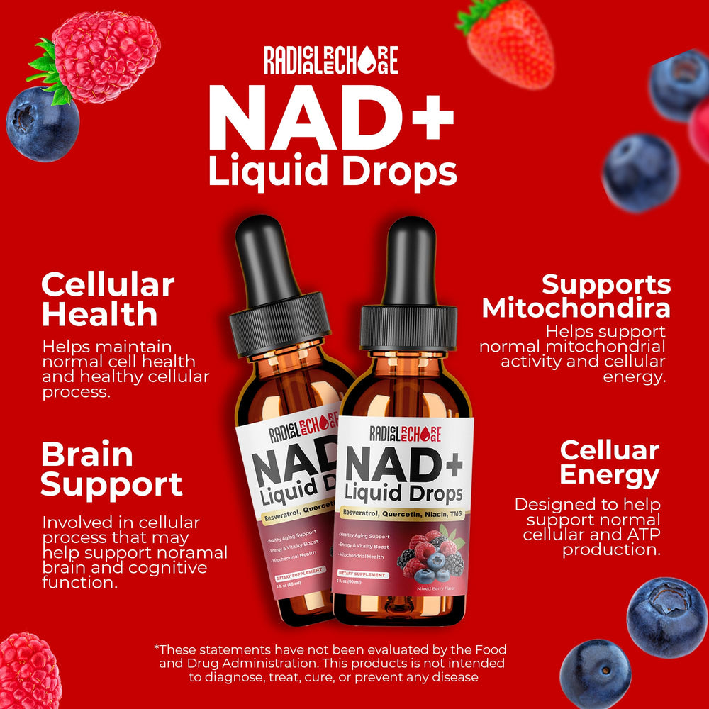 Radical Recharge NAD+ Drops on a white counter showing packaging and design