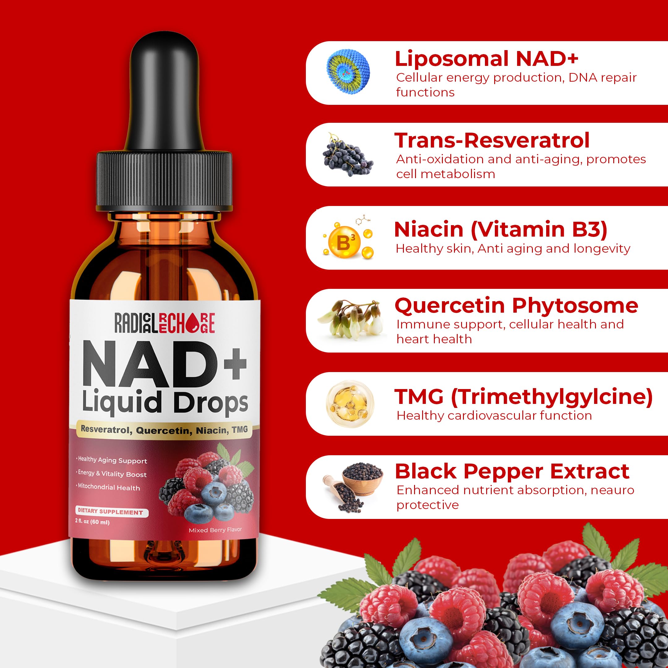 Pour of Radical Recharge NAD+ Drops for easy daytime dosing