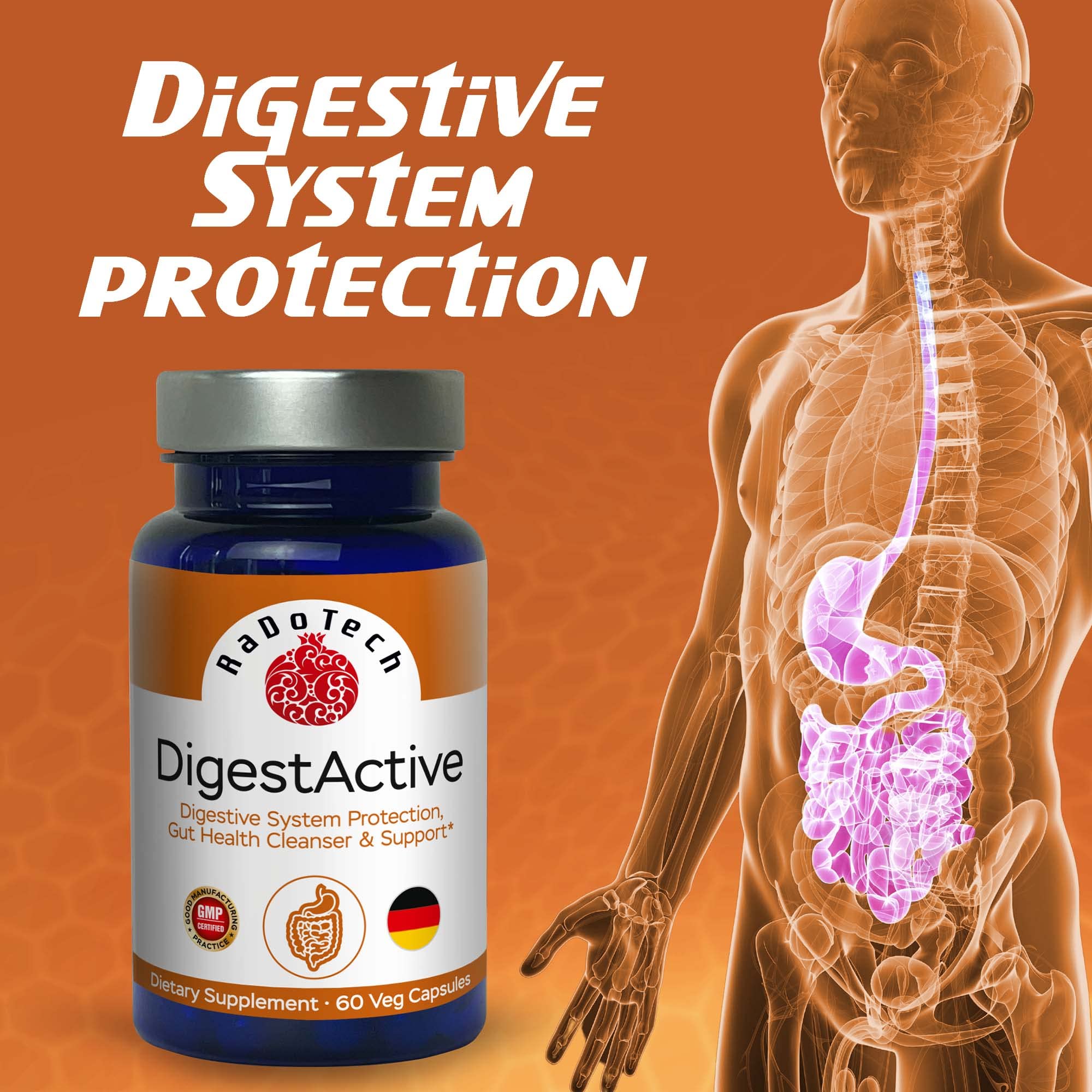 RaDoTech DigestActive bottle back label with ingredients and usage for gut support.