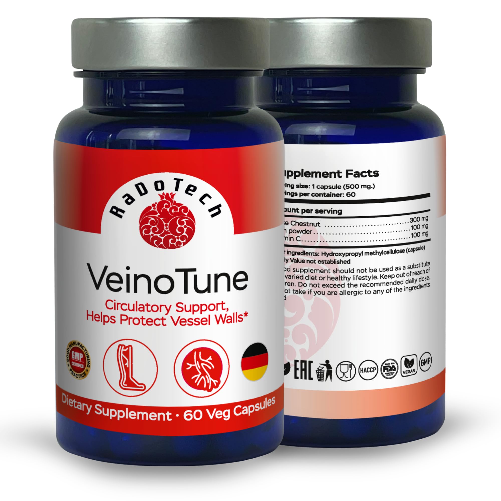 RaDoTech VeinoTune label detail noting vitamin C enriched treatment benefits