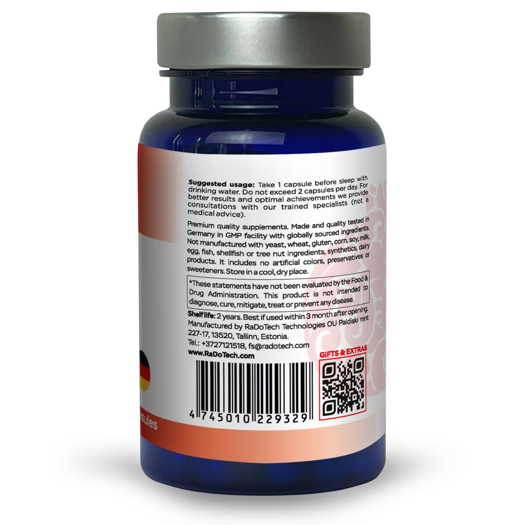 RaDoTech VeinoTune packaging box highlighting natural ingredients and GMP quality