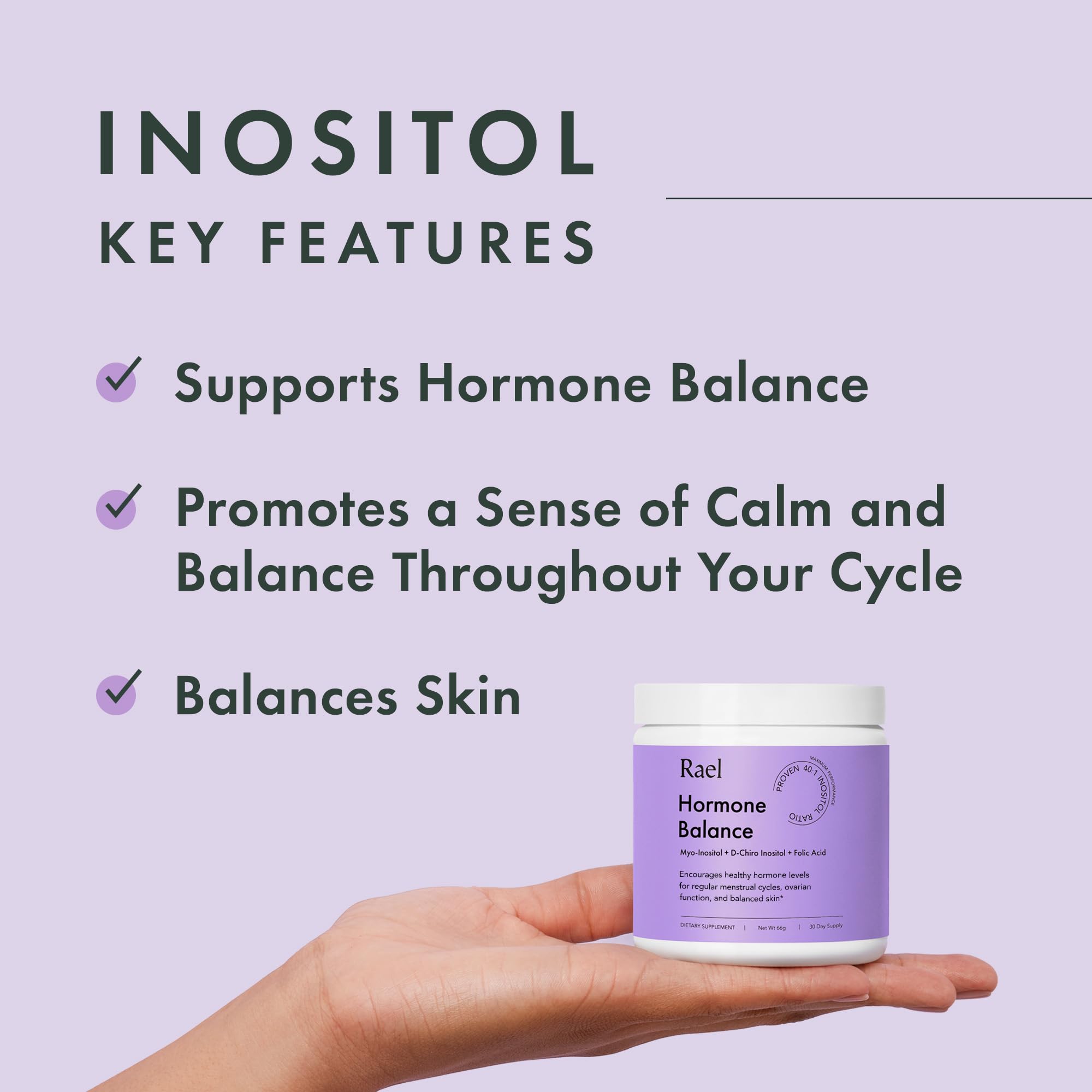Rael Hormone Balance ingredients label – shows Myo-Inositol and folic acid.