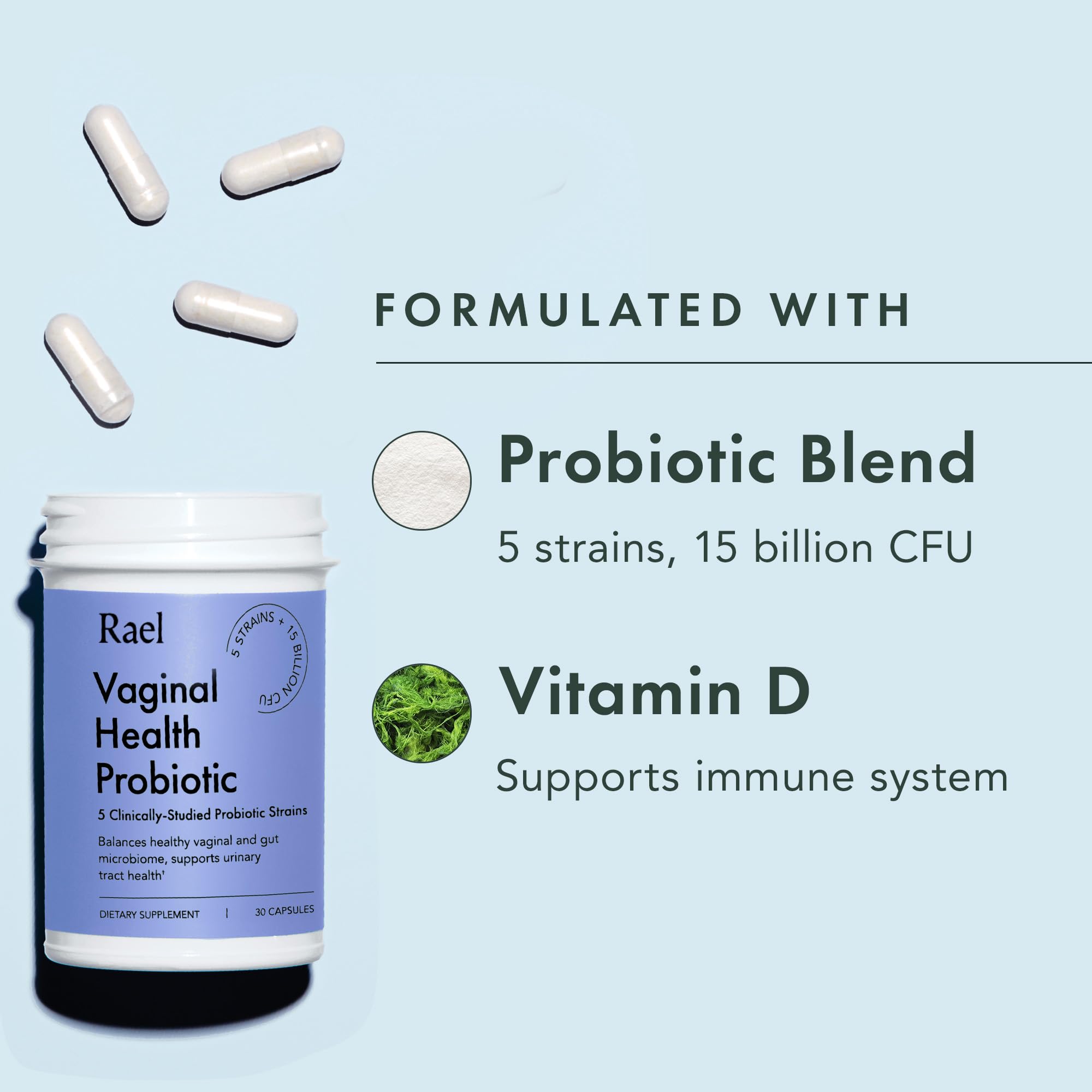 Rael Probiotics for Women bottle side view emphasizing shelf-stable design.
