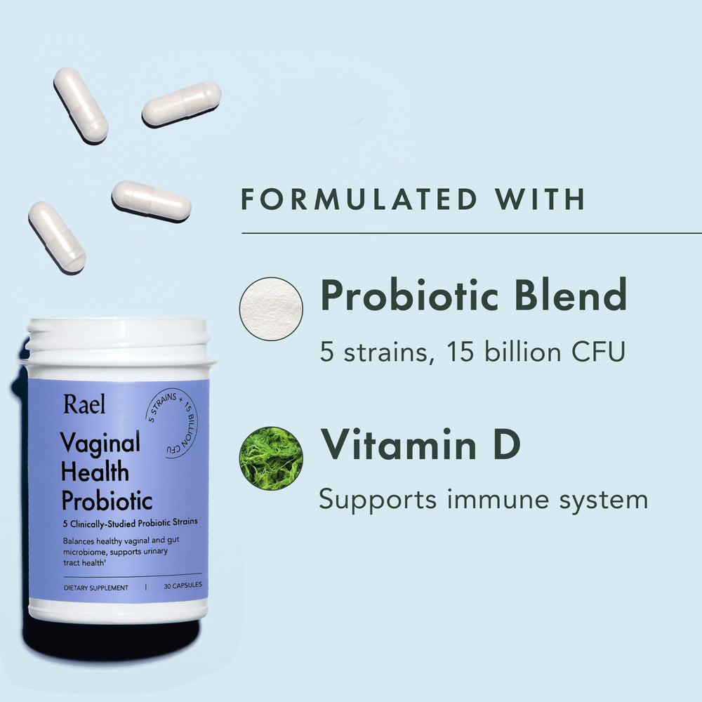 Rael Probiotics for Women bottle side view emphasizing shelf-stable design.
