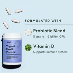 Rael Probiotics for Women bottle side view emphasizing shelf-stable design.