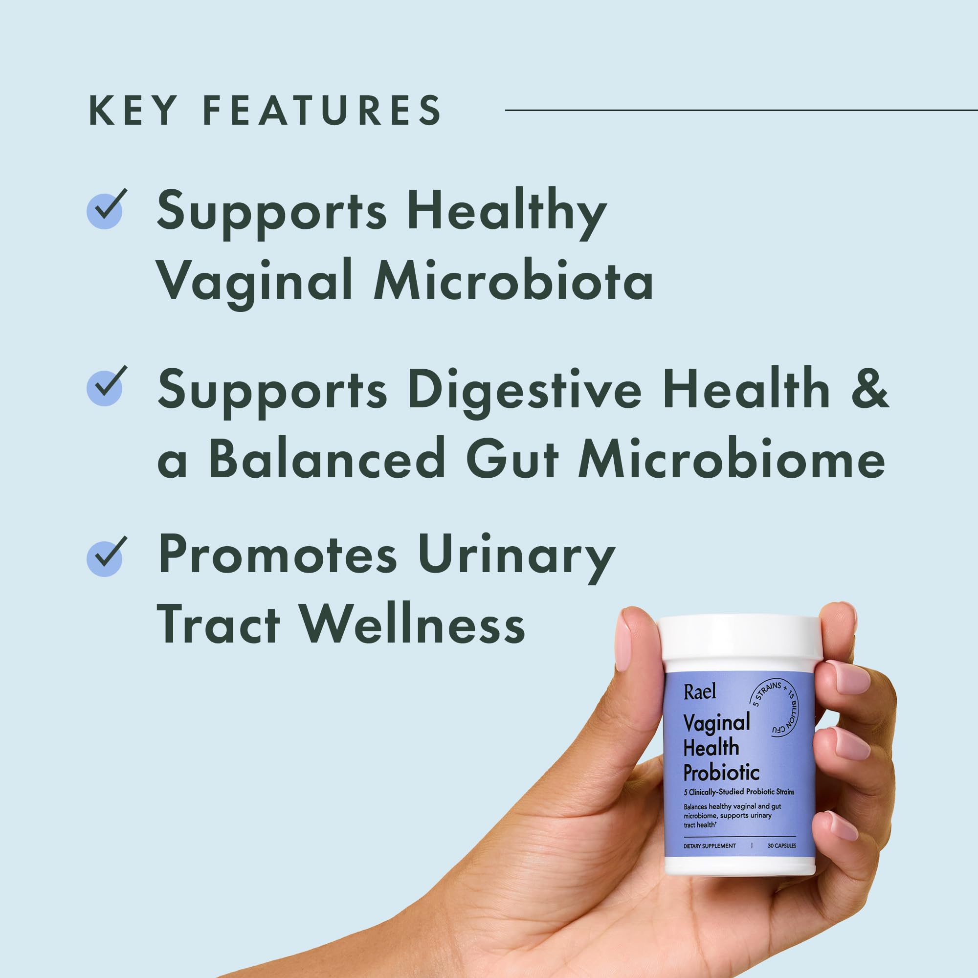 Rael Probiotics for Women capsules close-up highlighting 15B CFU and five strains.
