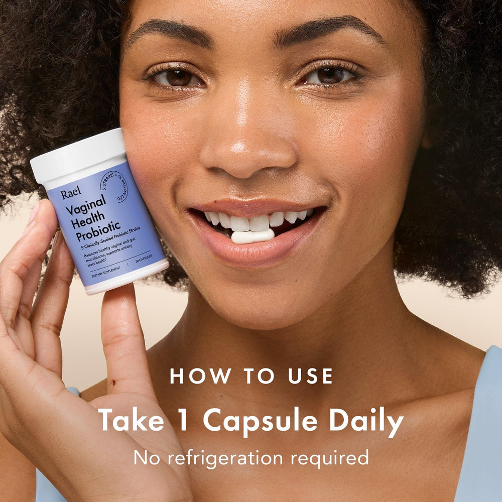 Rael Probiotics for Women label detail mentioning Vitamin D for balanced microbiota.