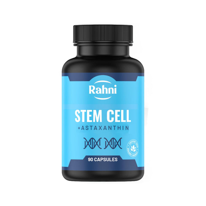 Rahni Stem Cells astaxanthin bottle for daily antioxidant support.