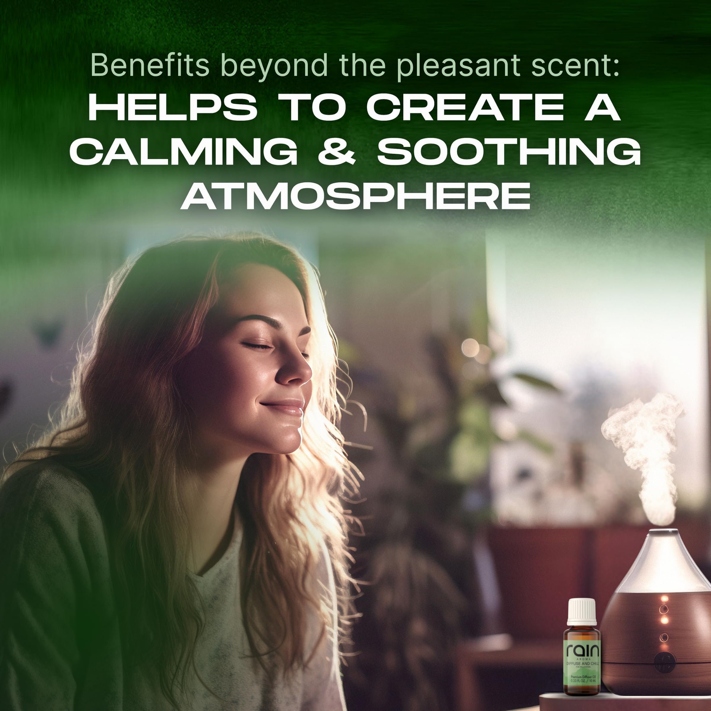 Rain Aroma Diffuse and Chill bottle closeup showcases botanical oils for calm spaces.