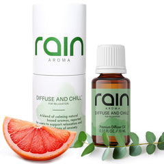 Rain Aroma Diffuse and Chill bottle pour highlights citrus-eucalyptus blend for unwinding.