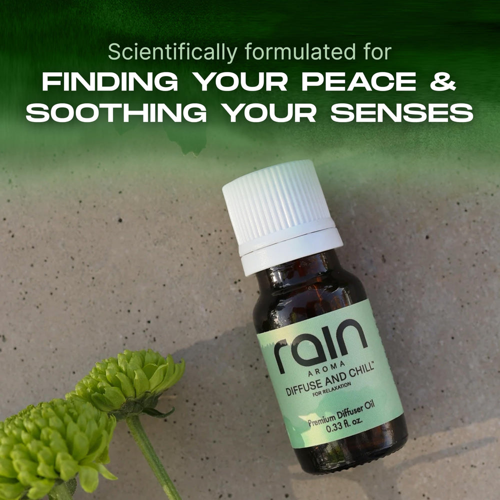 Rain Aroma Diffuse and Chill travel bottle supports on-the-go mood balance.