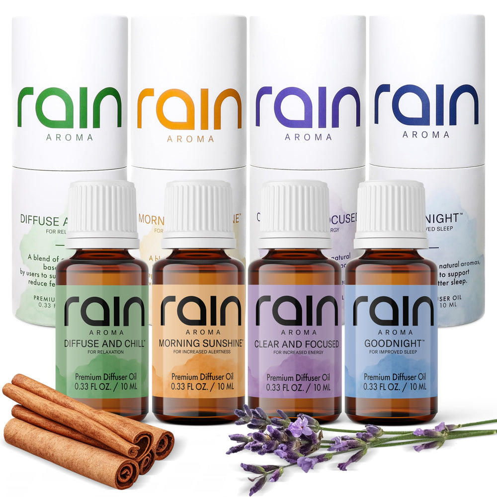 Rain Aroma diffuser oil set packaging highlights premium blends for a calming home