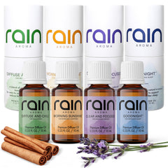 Rain Aroma diffuser oil set packaging highlights premium blends for a calming home