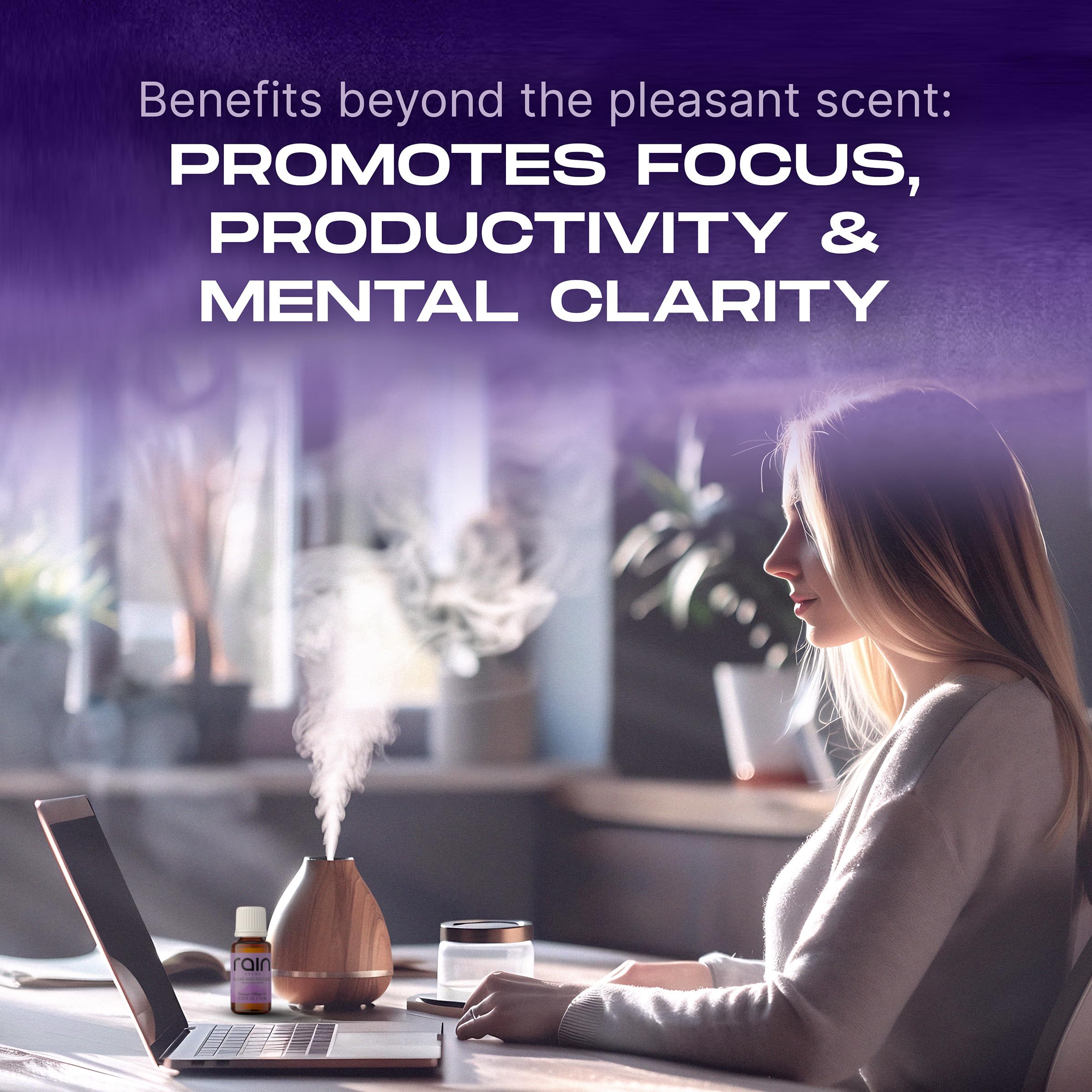 Rain Aroma Focus Clarity diffuser oil bottle promotes mental clarity and stress relief.