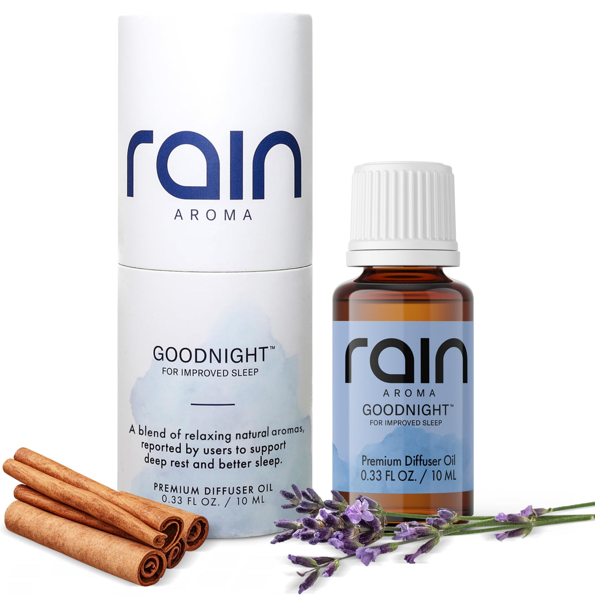 Rain Aroma Goodnight bottle close-up for calming bedtime ambience