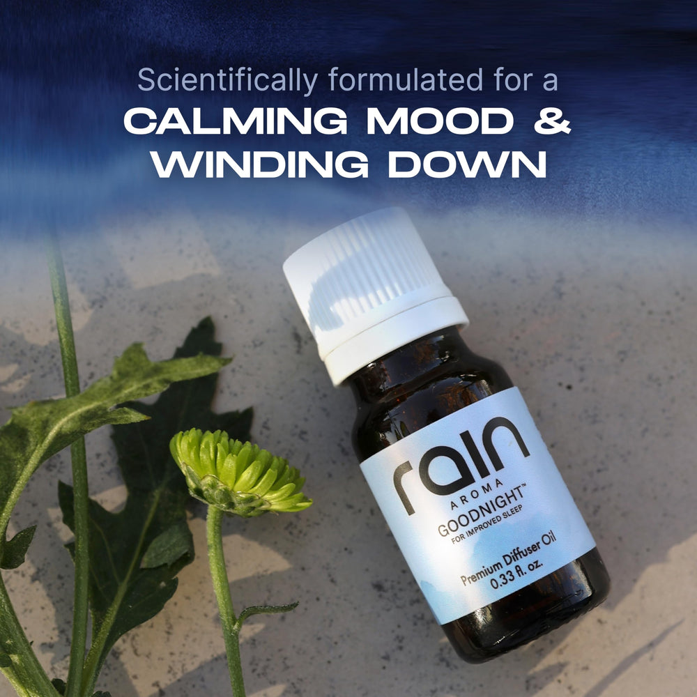 Rain Aroma Goodnight bottle with warm lighting for cozy evenings