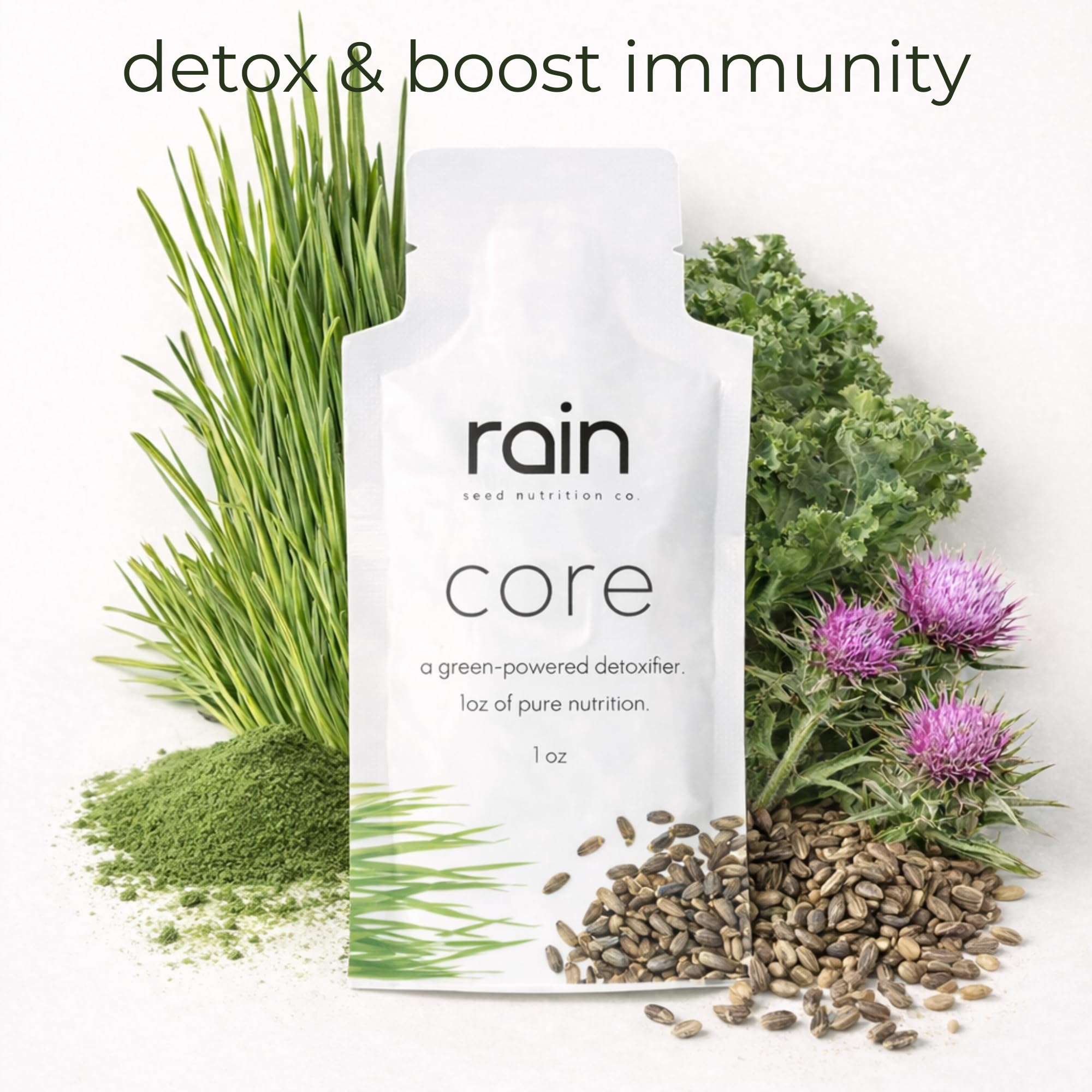 RAIN Core Greens Blend tub highlights the convenient powder form for quick smoothies.