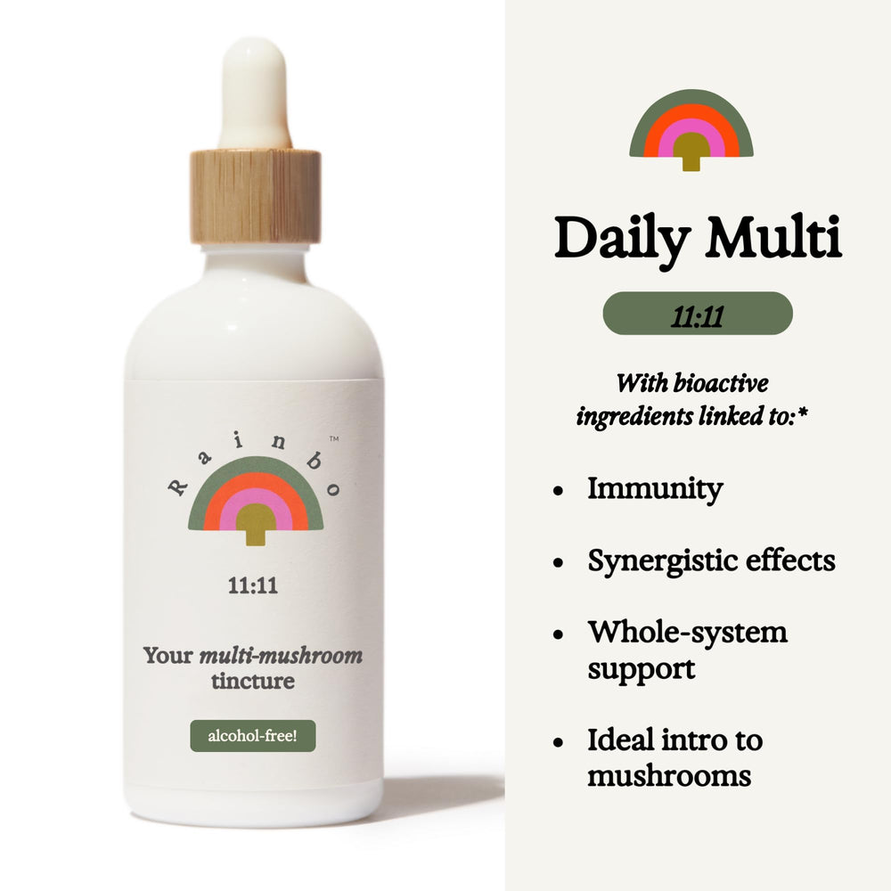 Close-up of Rainbo 11:11 dual-extract mushrooms for immune and brain support