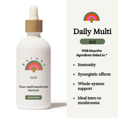 Close-up of Rainbo 11:11 dual-extract mushrooms for immune and brain support