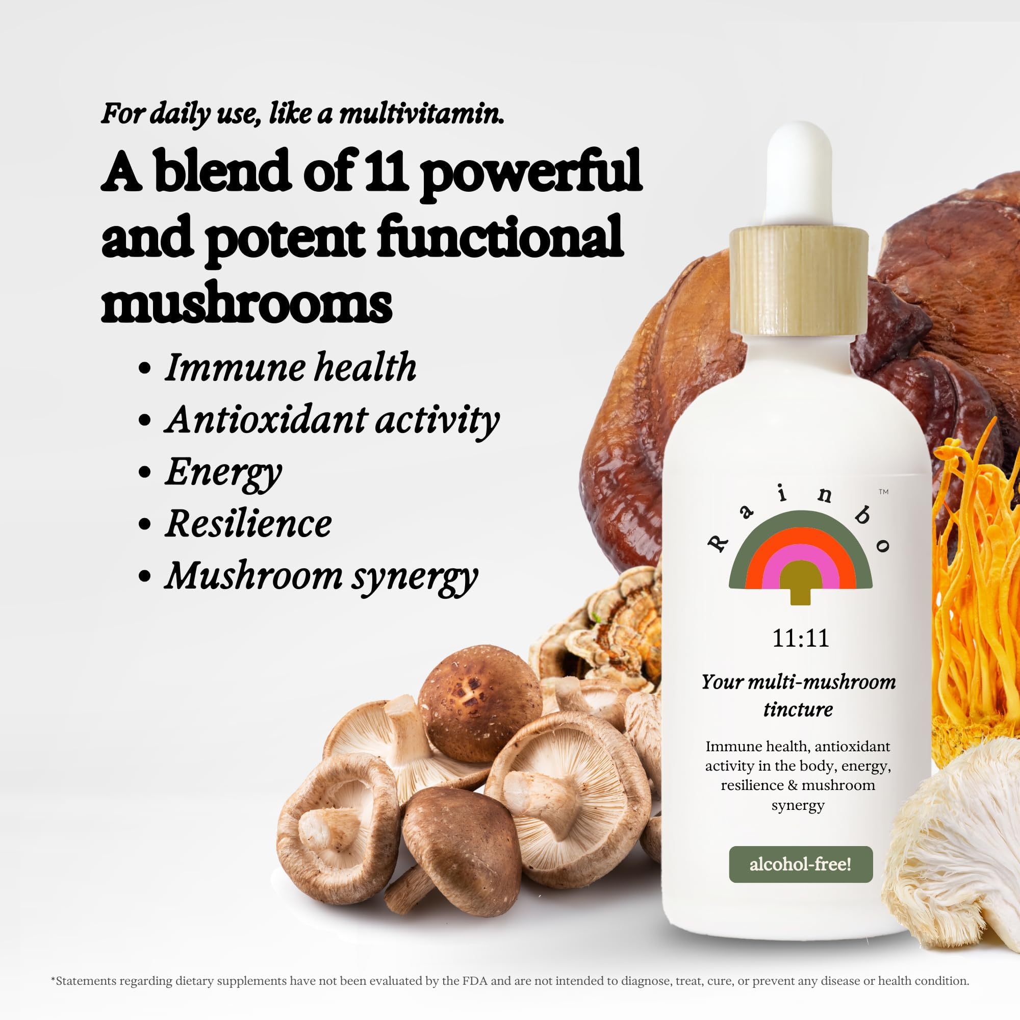 Canada-made Rainbo mushroom complex label emphasizing quality