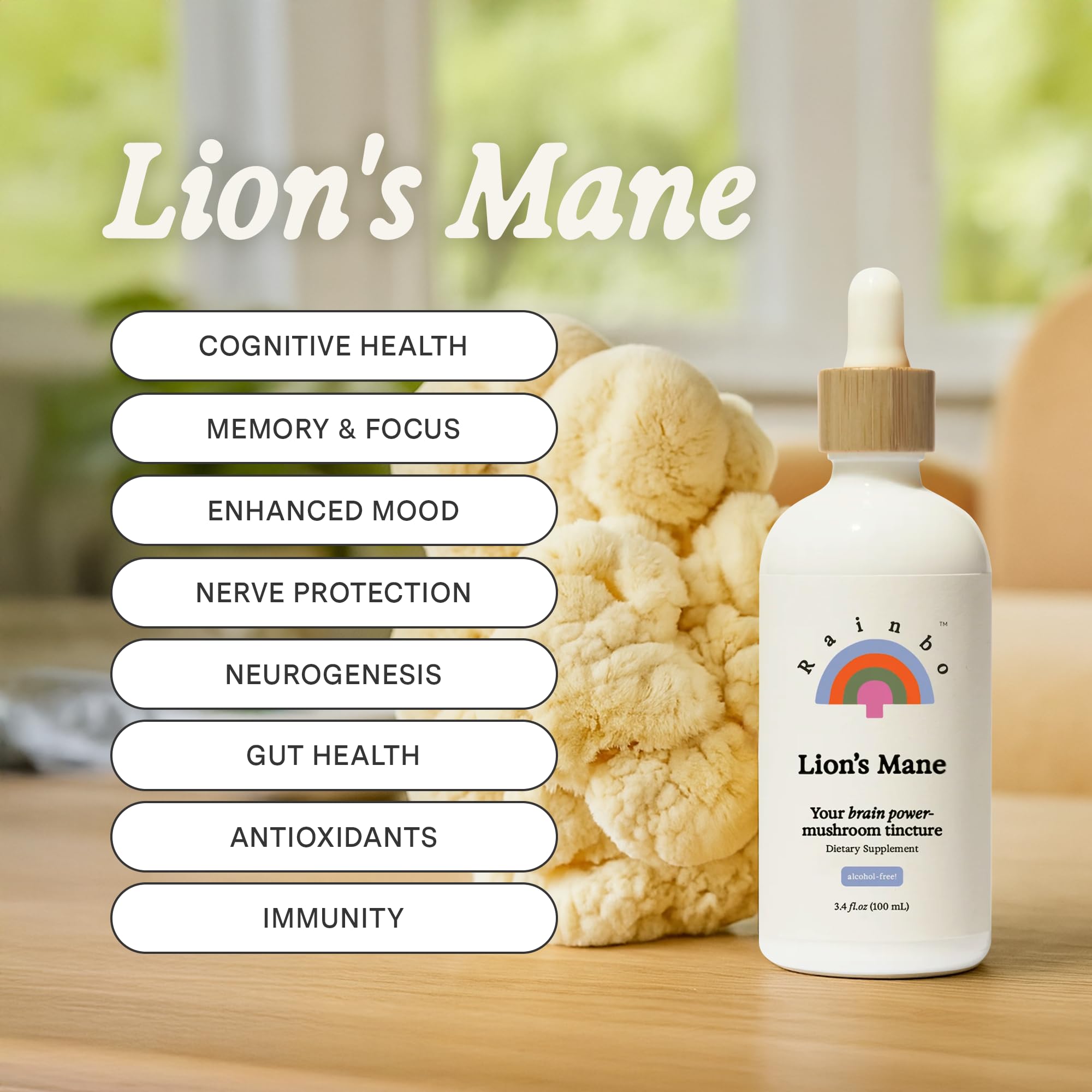 Rainbo Lion's Mane tincture dropper ready for easy daily use.