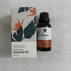 RAINBOW ABBY fennel oil bottle label shows 100% pure, organic formula