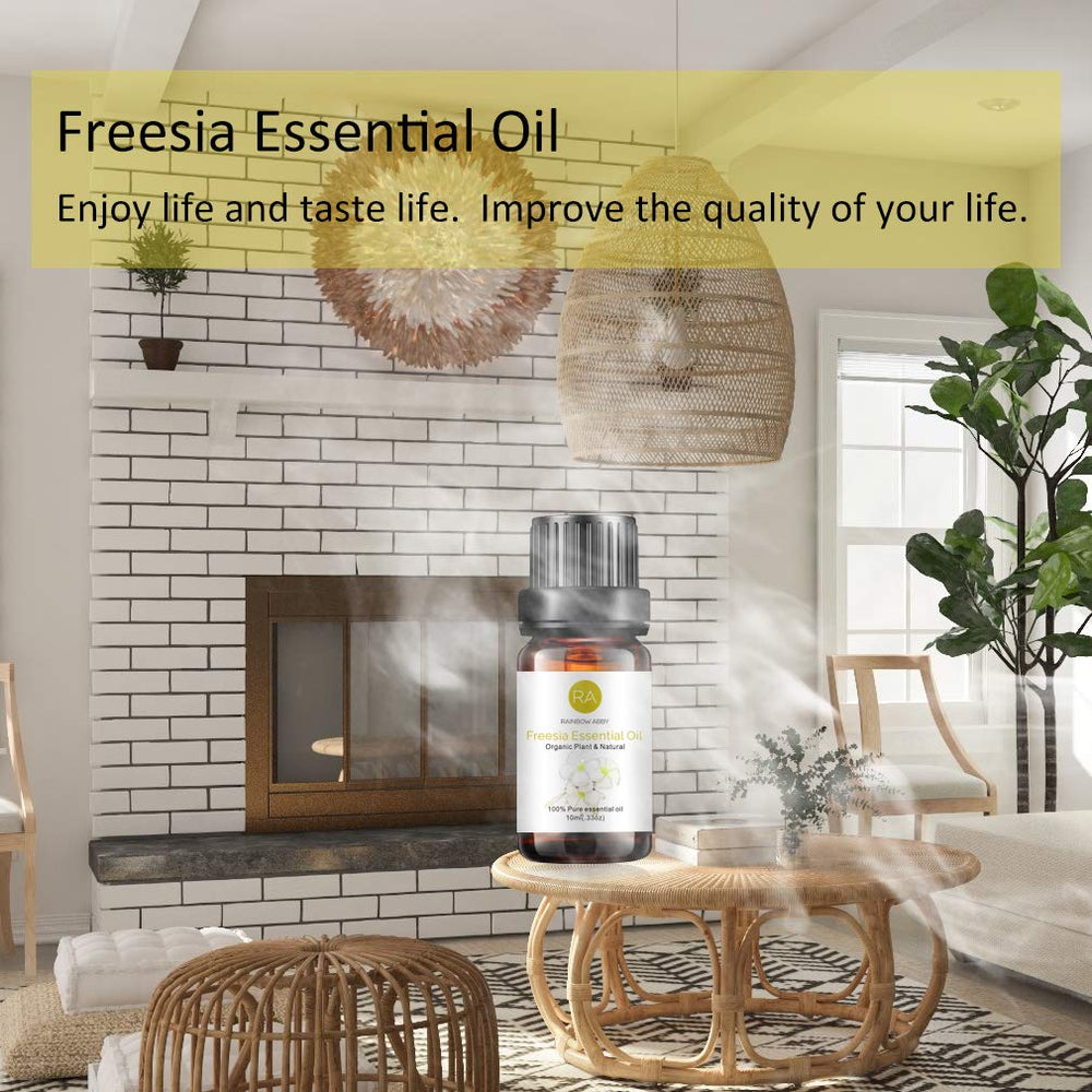 Rainbow Abby Freesia essential oil bottle close-up highlights purity and fragrance