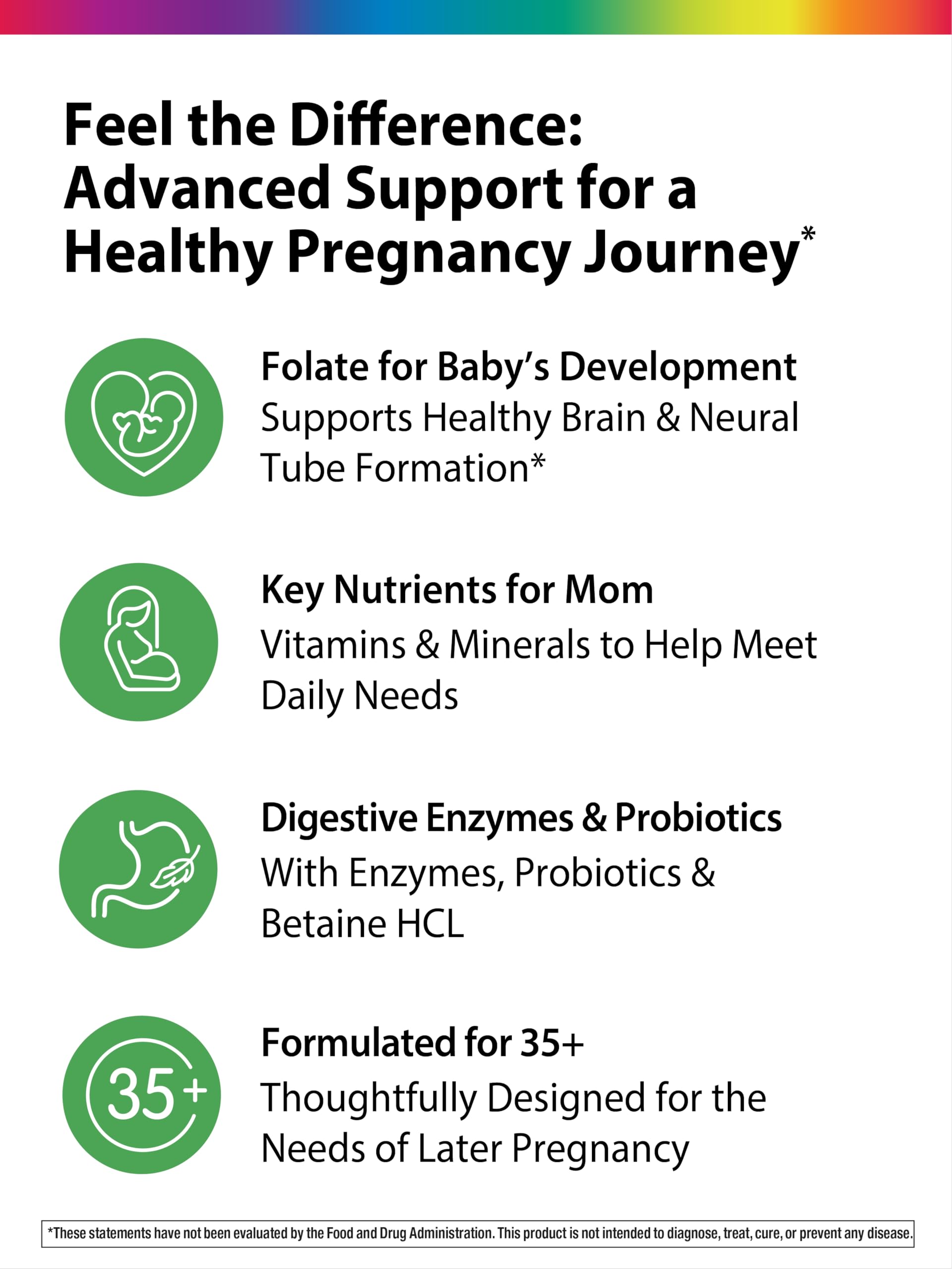 Rainbow Light nutrition label showing folate, iron, vitamins E and C for mom and baby.