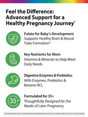 Rainbow Light nutrition label showing folate, iron, vitamins E and C for mom and baby.