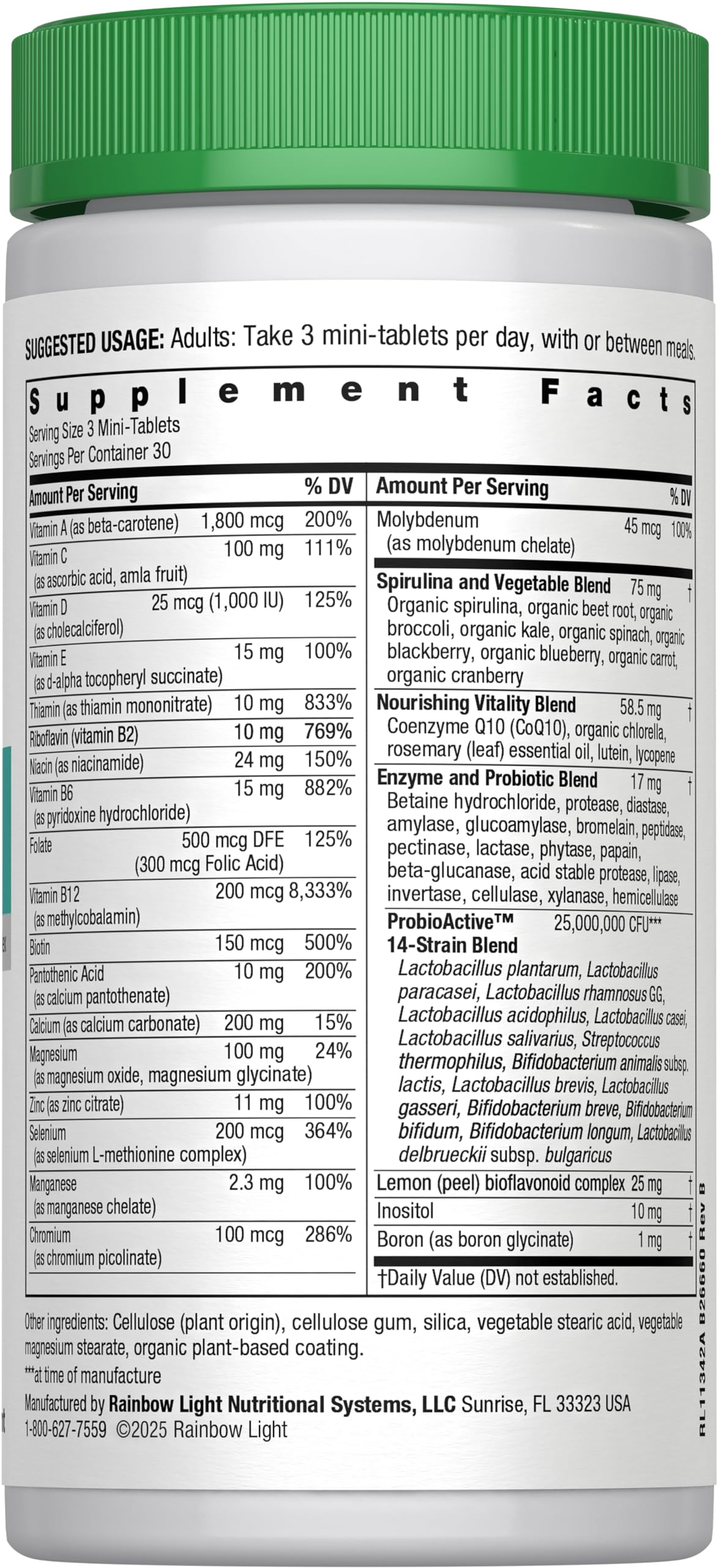 Three Rainbow Light 50+ mini-tablets shown as a daily dose for adults 50+