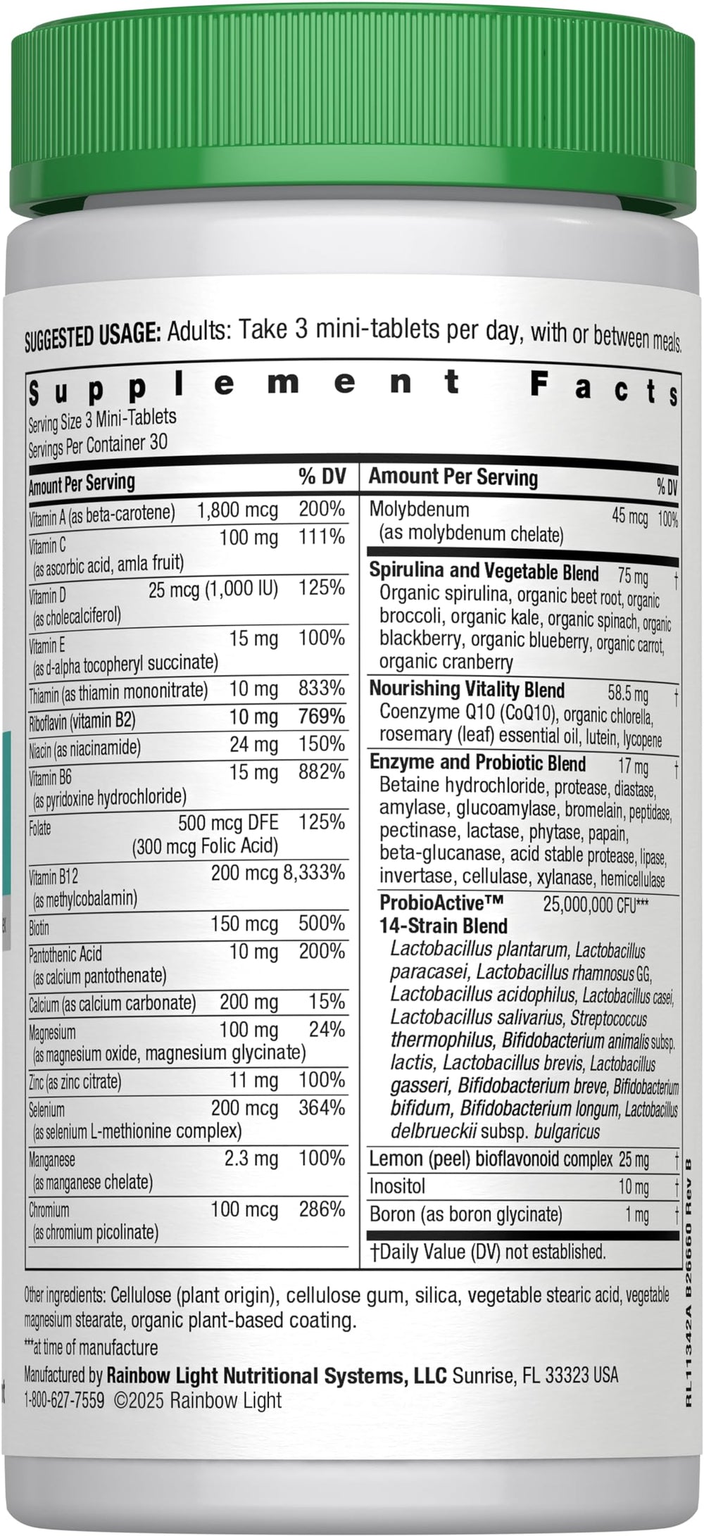 Three Rainbow Light 50+ mini-tablets shown as a daily dose for adults 50+