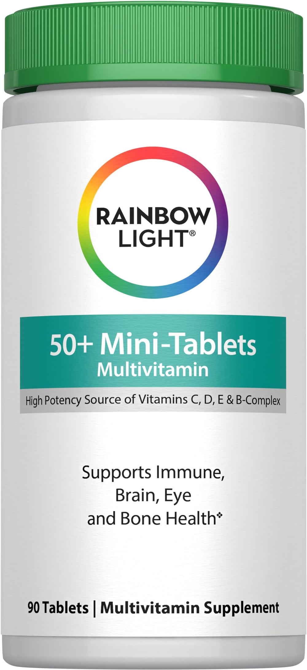 Rainbow Light 50+ mini-tablet multivitamin bottle with three easy-to-swallow tablets for daily use