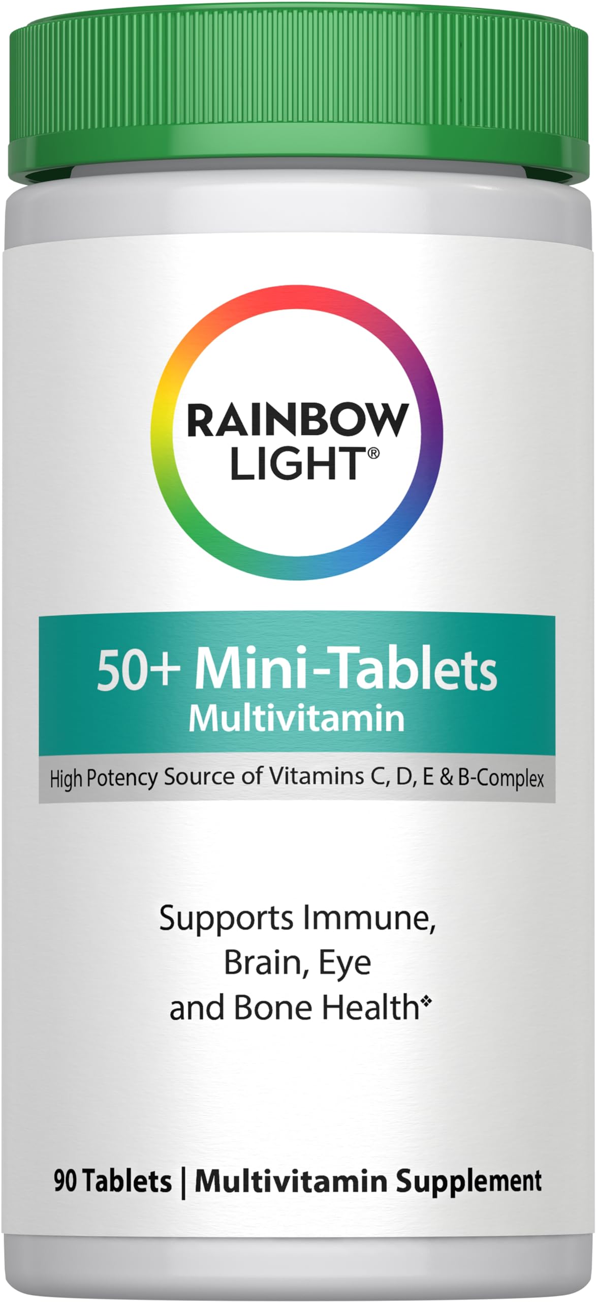 Rainbow Light 50+ mini-tablet multivitamin bottle with three easy-to-swallow tablets for daily use