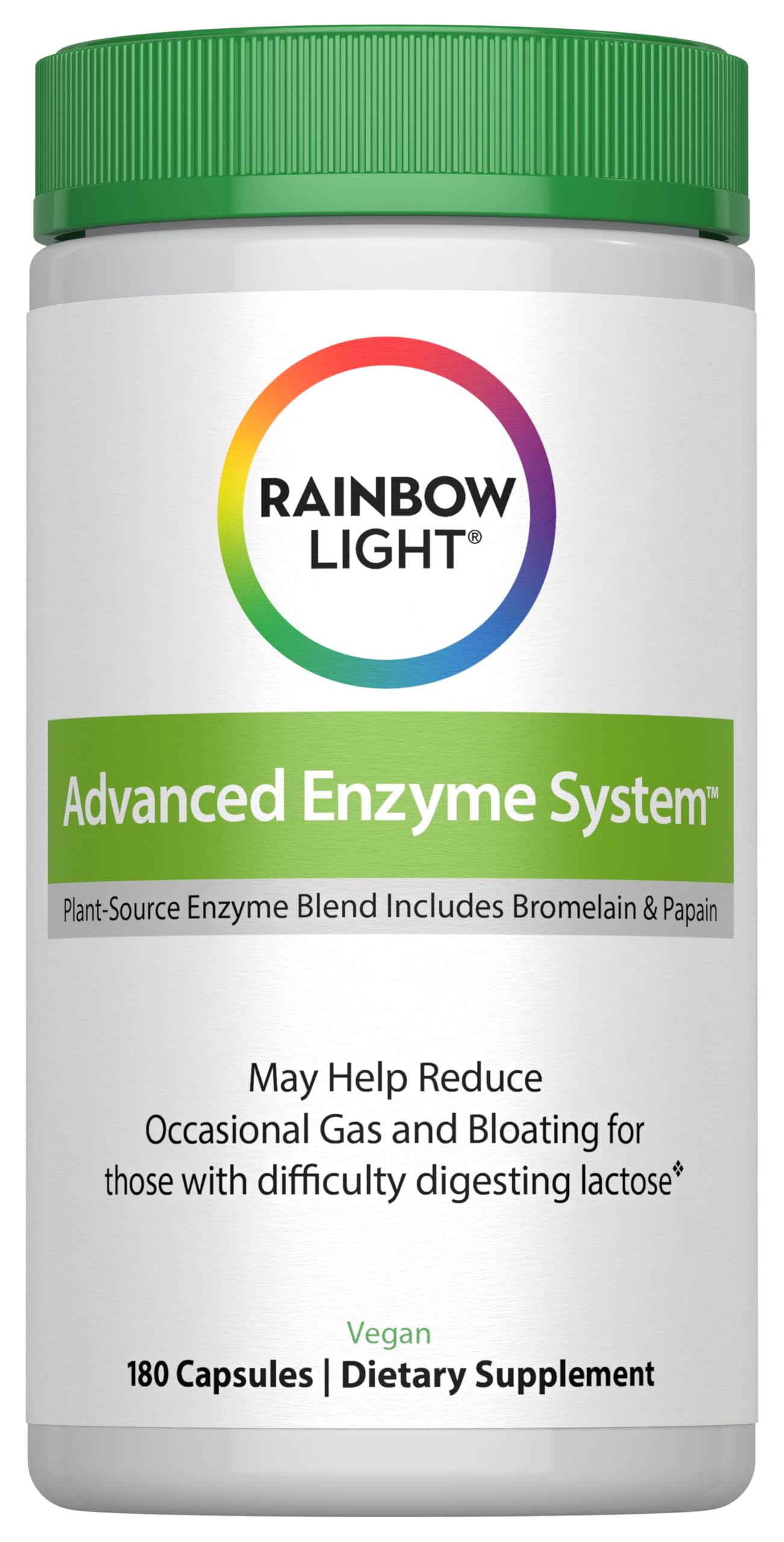 Rainbow Light Advanced Enzyme System bottle front view highlighting plant-source enzymes for digestion support.