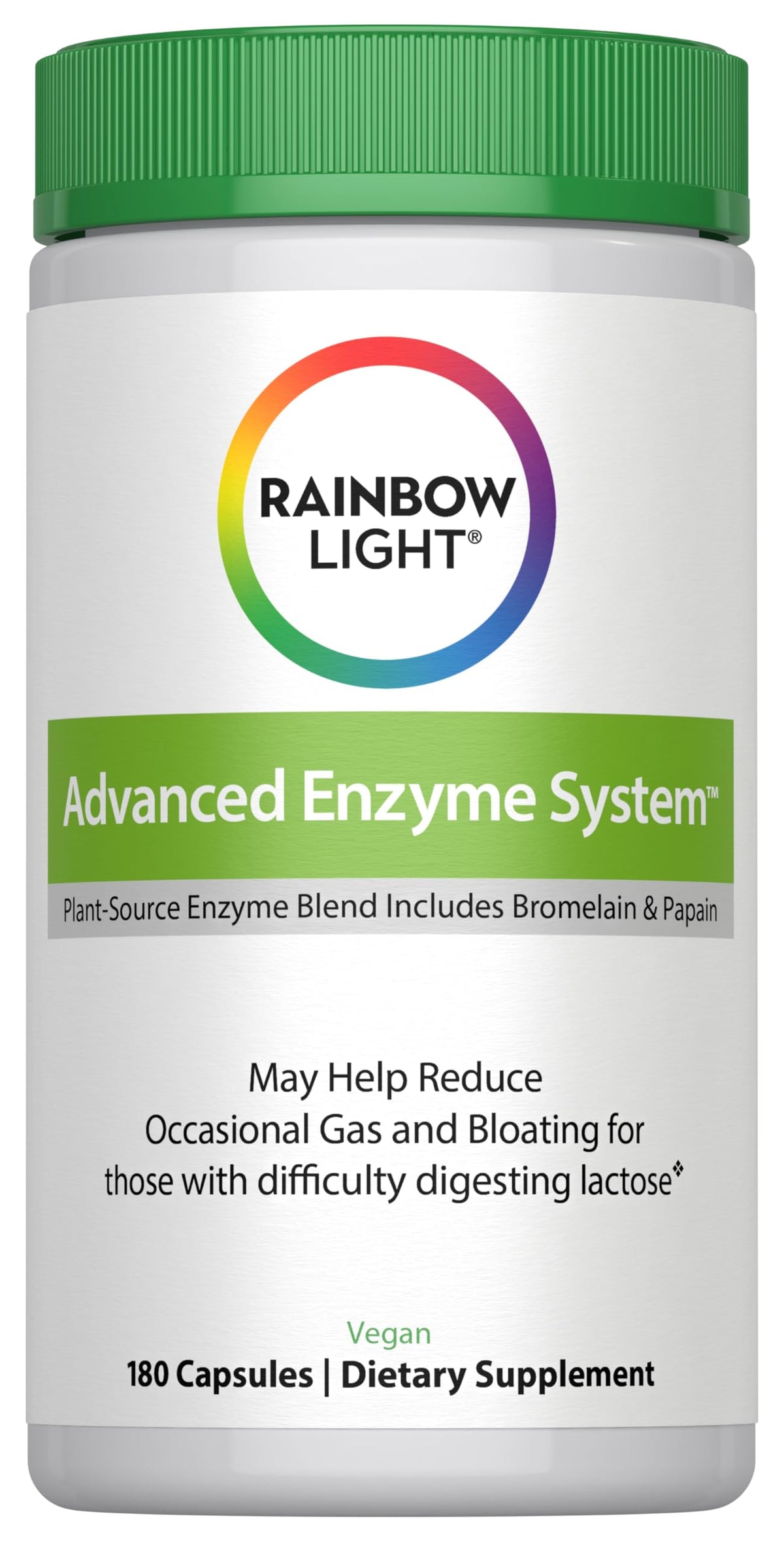 Rainbow Light Advanced Enzyme System bottle front view highlighting plant-source enzymes for digestion support.