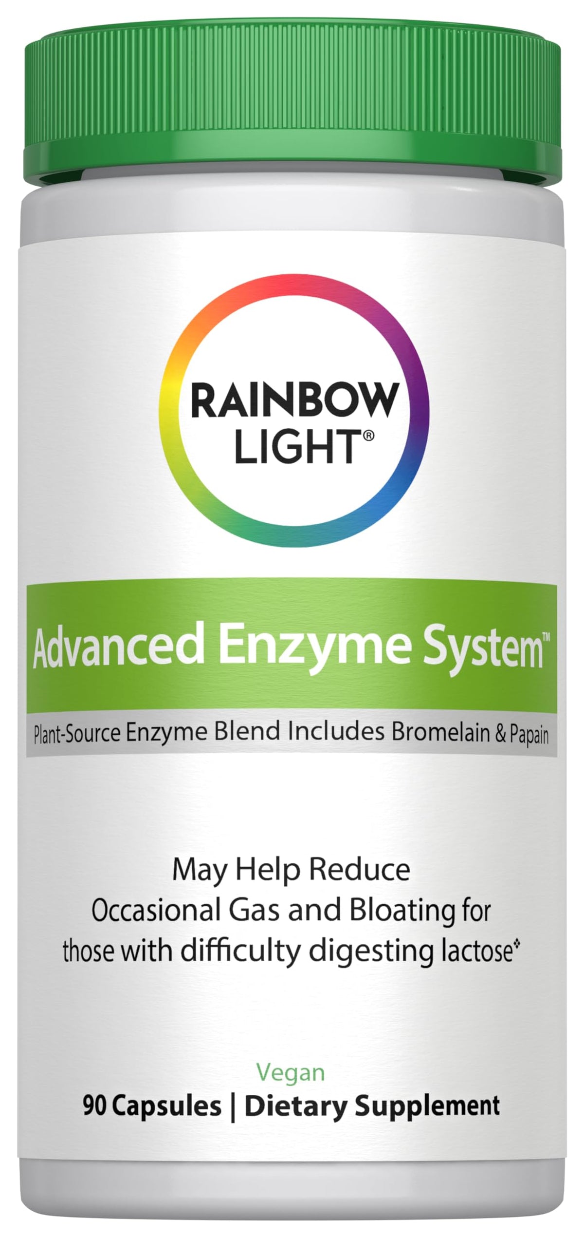 Rainbow Light Advanced Enzyme System bottle showing plant-sourced enzymes for daily digestion support.